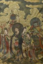 A Chinese print on silk of immortals, 90 x 62cm