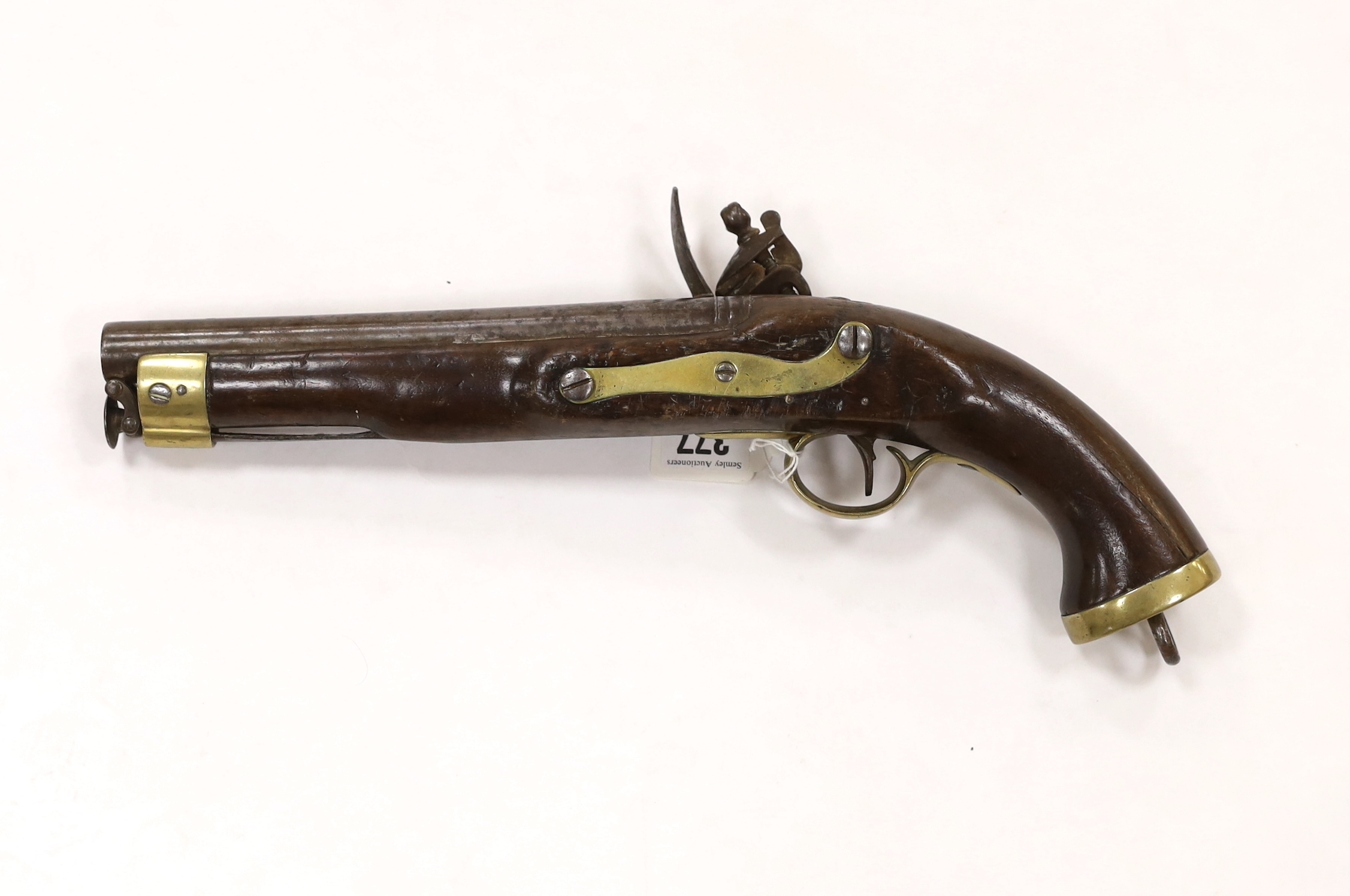 A 16 bore East India Company flintlock pistol, 9” barrel, London proof marks, regulation brass - Image 3 of 3