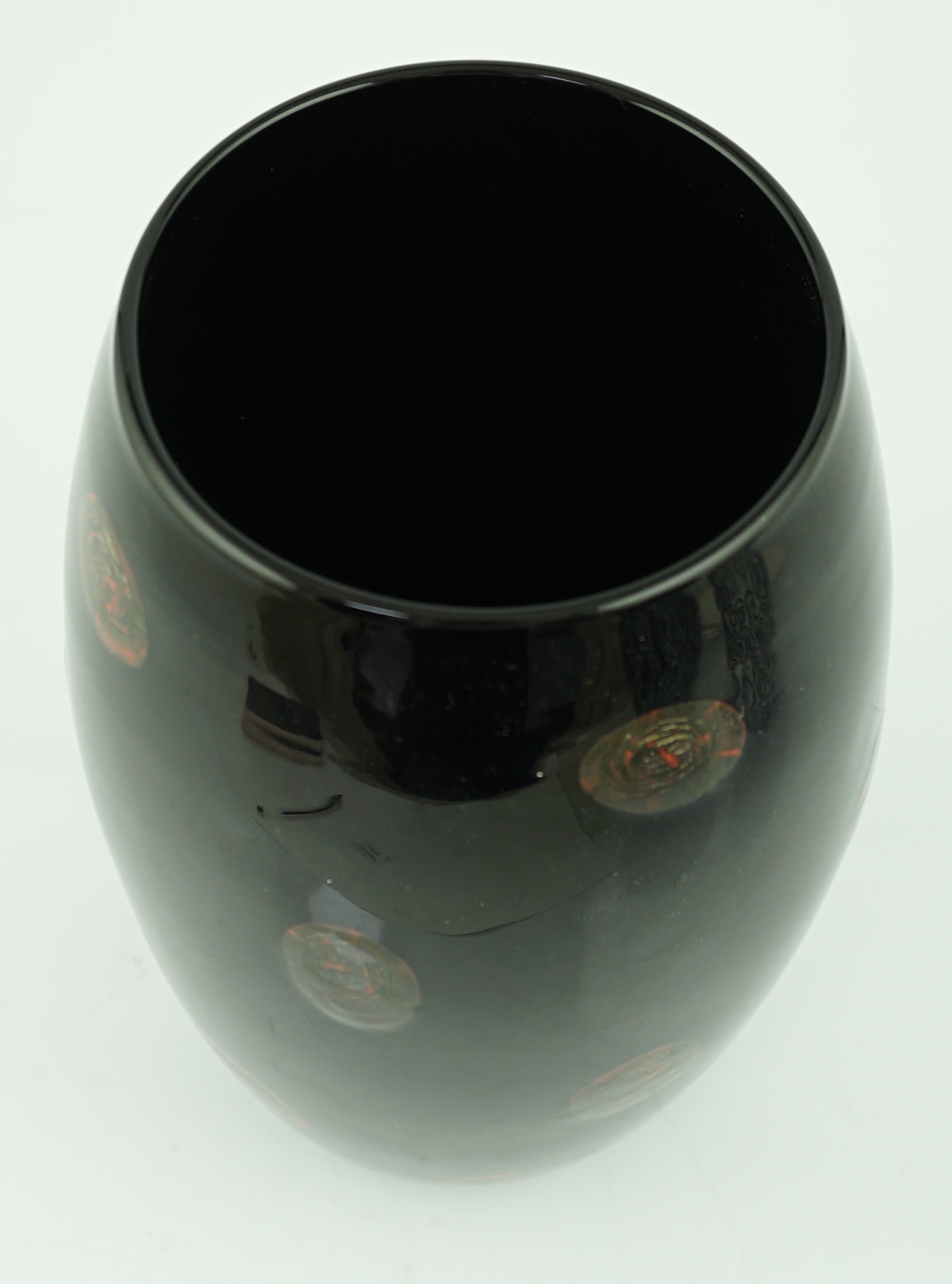 ** ** Vittorio Ferro (1932-2012) A Murano glass Murrine vase, with bronze roundels on a black - Image 4 of 5