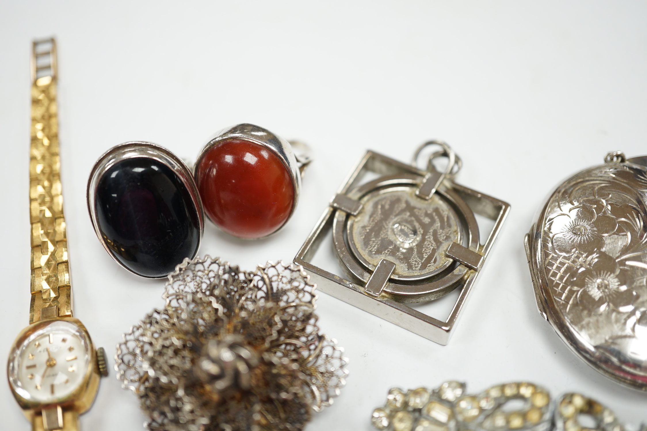 A silver and cabochon set dress ring, mixed costume jewellery and a lady's wrist watch. - Image 3 of 10