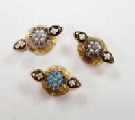 A small pair of antique yellow metal, two colour enamel, turquoise and seed pearl dress studs,