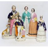 Four mid 19th century Staffordshire figure groups including Queen Victoria and Prince Albert, two