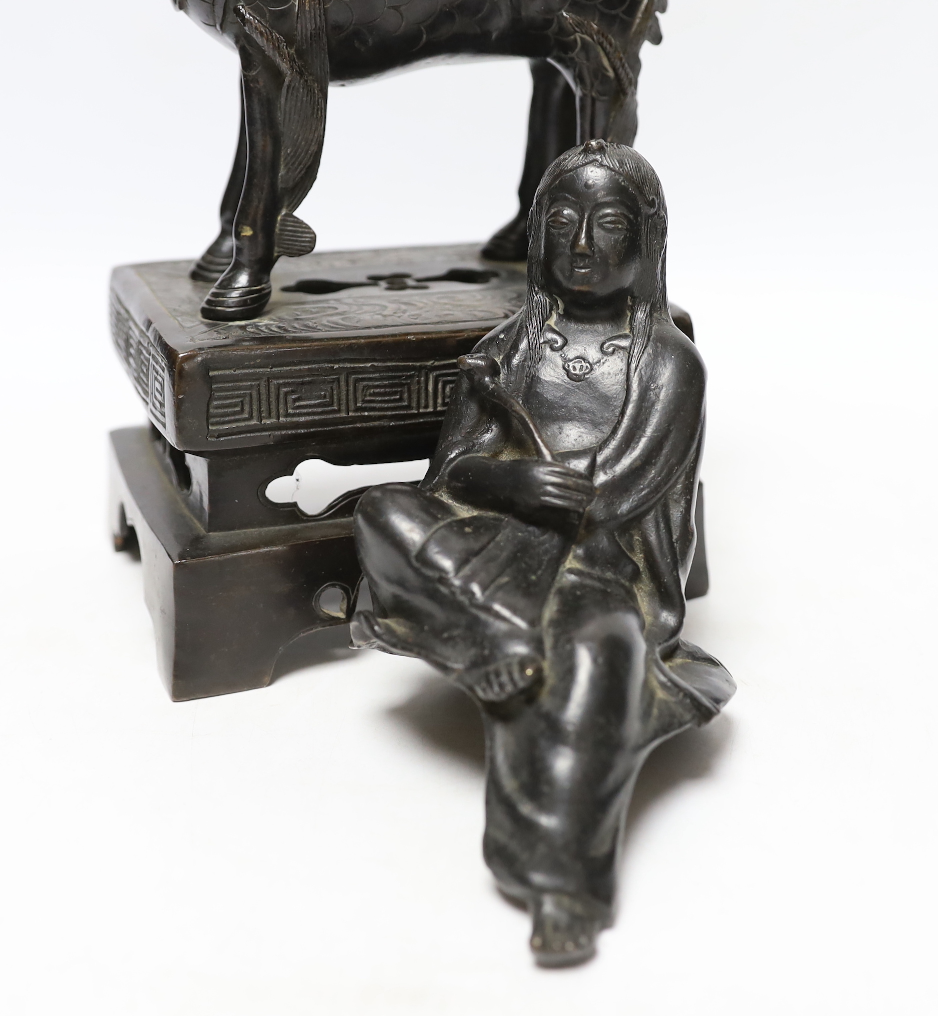 An 18th century Chinese bronze figure of a qilin together with a Japanese figural bronze mount, - Image 2 of 4