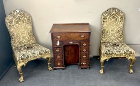 A pair of George II style giltwood side chairs, velvet brocade fabric, width 64cm, depth 64cm,