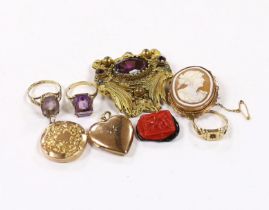 Three assorted 9ct gold and gem set rings including 1960's amethyst, a 9ct and oval cameo shell