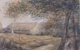 Selwyn Image (1849-1930), pencil and watercolour, Landscape with trees before barns, signed and