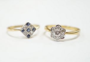 A 1920's 18ct, sapphire and diamond millegrain set cluster ring, size O/P, and a later 18ct gold and