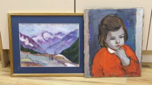 Akos Biro (Hungarian, 1911-2002), two oils on canvas, Mountainous landscape and Portrait of a child,