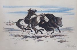 Steve Long (American), colour lithograph, Buffalo hunter, signed and inscribed AP, 30 x 46cm
