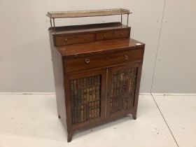 A Regency style mahogany chiffonier with folding writing surface, width 71cm, depth 40cm, height
