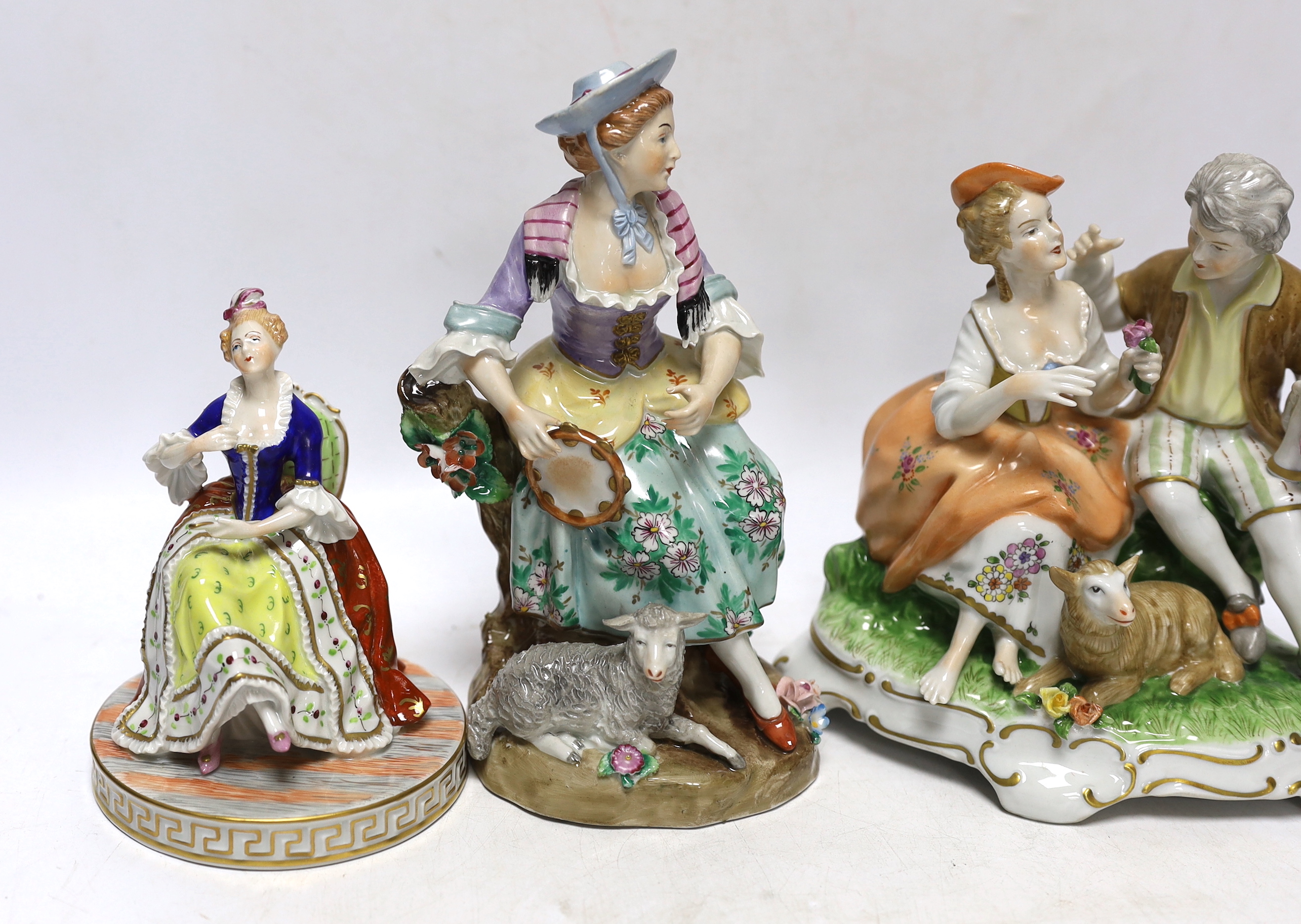 A pair of Dresden figures, a Sitzendorf shepherdess group and another German group - Image 2 of 5