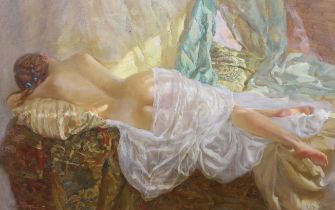 Russian School, oil on canvas, Reclining semi-nude female, indistinctly signed lower left, 45 x