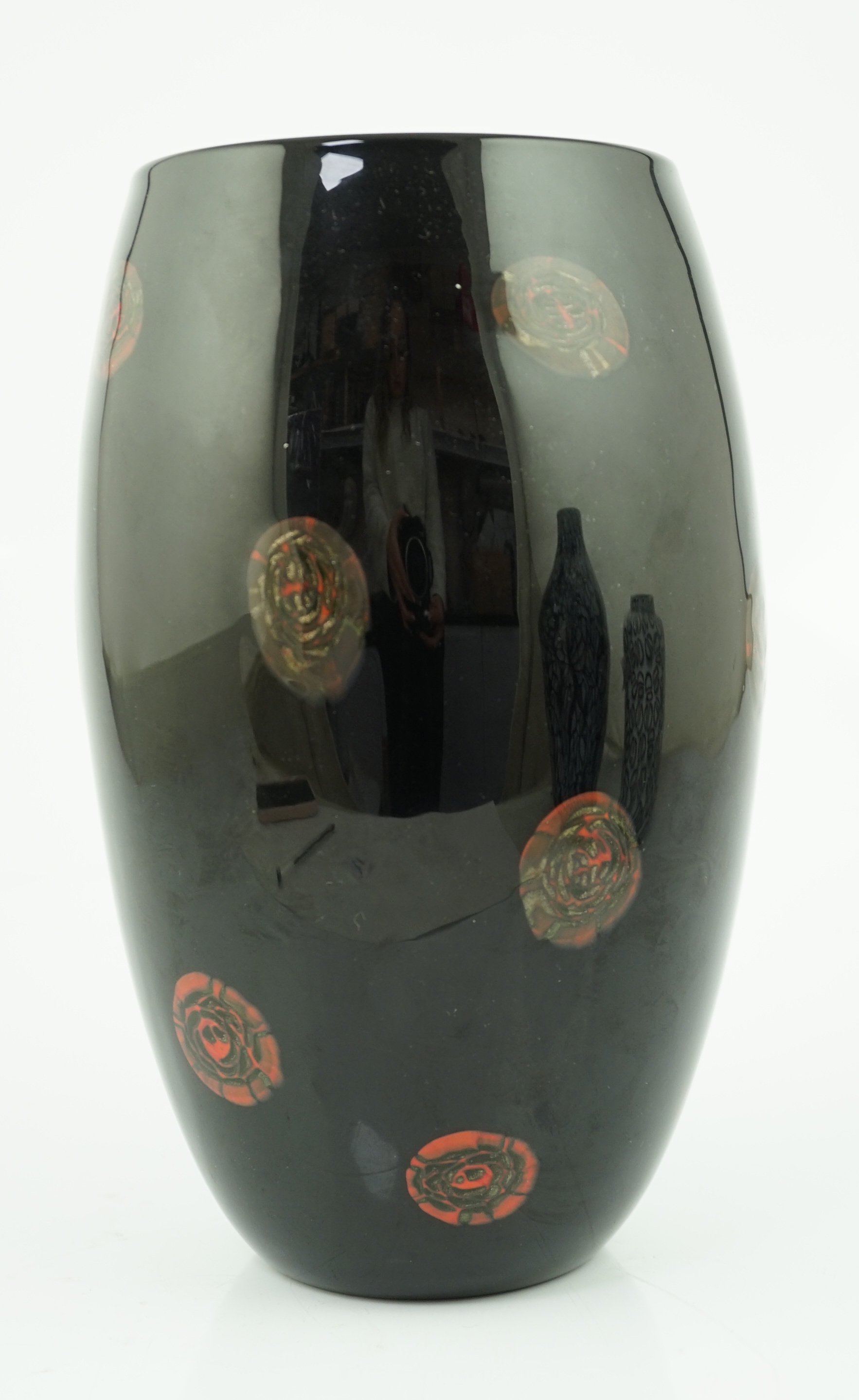 ** ** Vittorio Ferro (1932-2012) A Murano glass Murrine vase, with bronze roundels on a black - Image 3 of 5