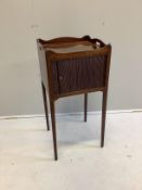 A George III mahogany tray top tambour bedside cupboard, width 40cm, depth 38cm, height 82cm