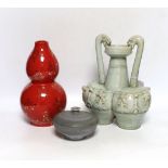 A Chinese red ground vase, Chinese celadon conjoined dragon handled vase, a studio pottery vase,25cm