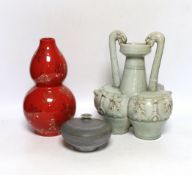 A Chinese red ground vase, Chinese celadon conjoined dragon handled vase, a studio pottery vase,25cm