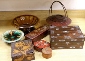 A Victorian mother of pearl inlaid rosewood box, glass pedestal bowl, Wedgwood majolica pedestal