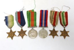 Six WWII medals. The Atlantic Star, The Italy Star, The Africa Star, The 1939-45 Star, The Defence