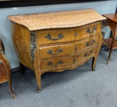 A Louis XV style gilt metal mounted marquetry inlaid marble topped bombe commode, width 118cm, depth