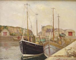 David Bond Walker (1891-1977), oil on canvas, Coastal harbour with moored fishing boats, signed,