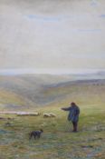 Alfred Fitzwalter Grace RBA (1844-1903), heightened watercolour, Shepherd and sheep, signed and