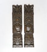 A pair of 17th century carved oak figural jambs, 43.5cm
