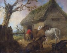 Follower of George Morland (1762/63-1804), oil on canvas, Horses before a thatched stable, bears