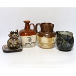 Three Thoune glazed earthenware items comprising dish, jug and vase, two signed to the base, the