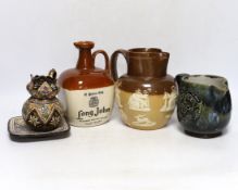 Three Thoune glazed earthenware items comprising dish, jug and vase, two signed to the base, the