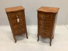 A pair of early 20th century French kingwood serpentine four drawer bedside chests, width 35cm,