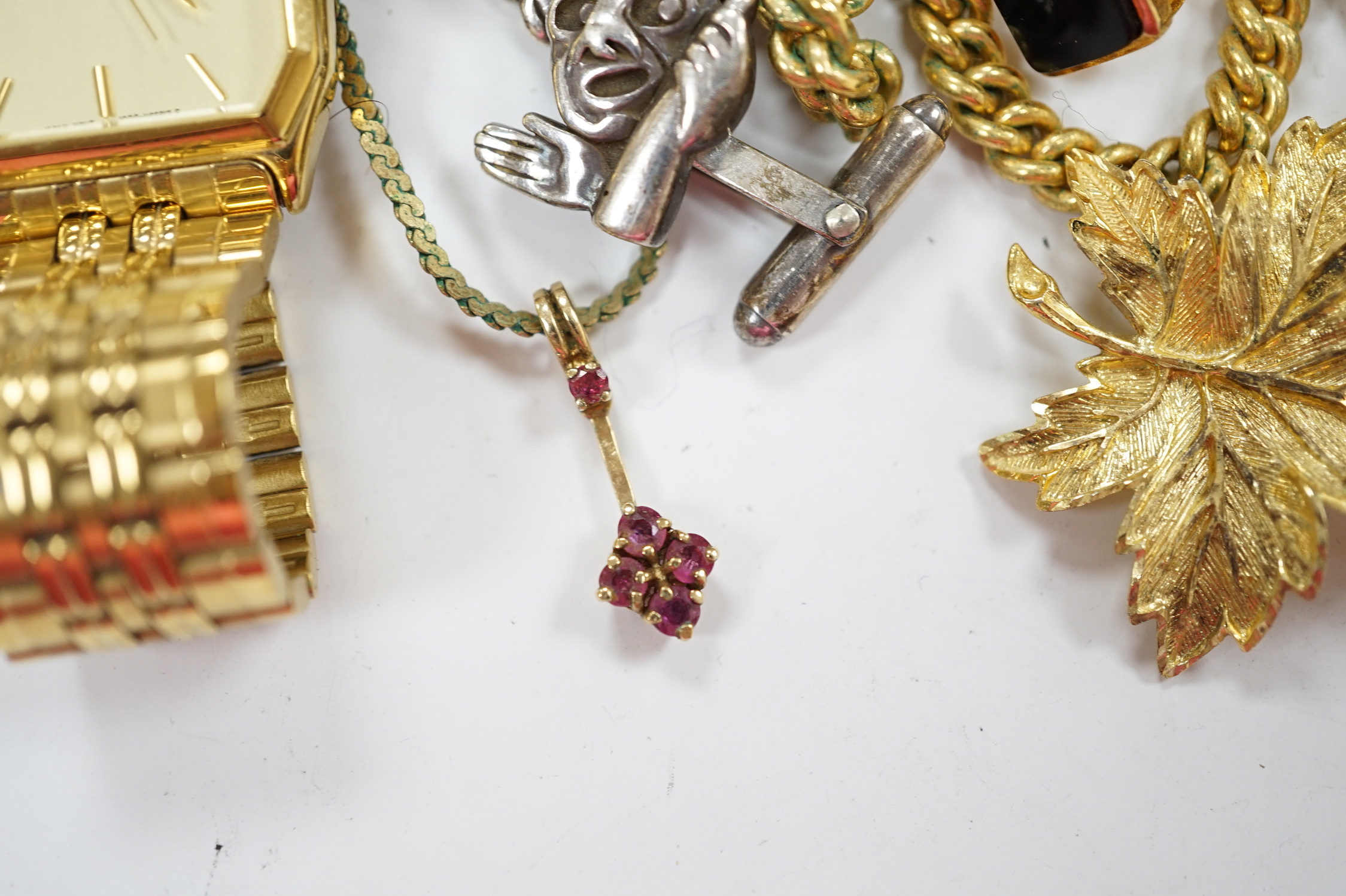 A small 9ct gold and gem set pendant, 22mm, three gilt metal chains, two white metal cufflinks, a - Image 7 of 10