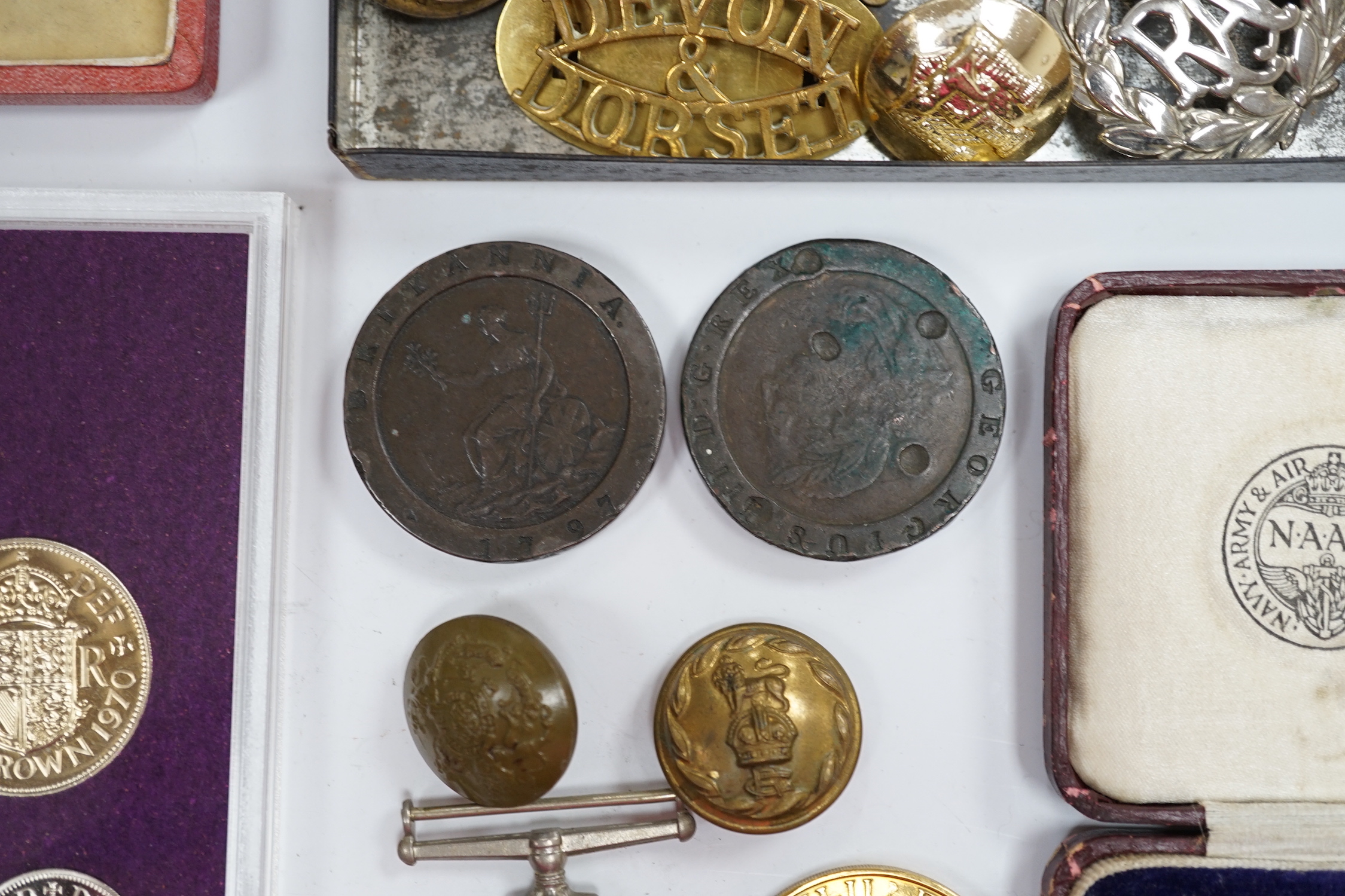 A collection of medals and coins including; an original card Air Ministry box containing a 1939-45 - Image 4 of 9