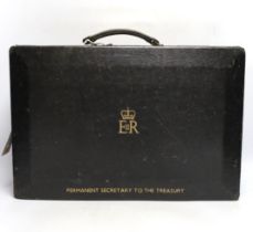 A black treasury box with, inscribed in gilt Permanent Secretary to the Treasury with ERII cypher,