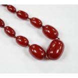 A single strand graduated simulated cherry amber necklace, 88cm, gross weight 74 grams.