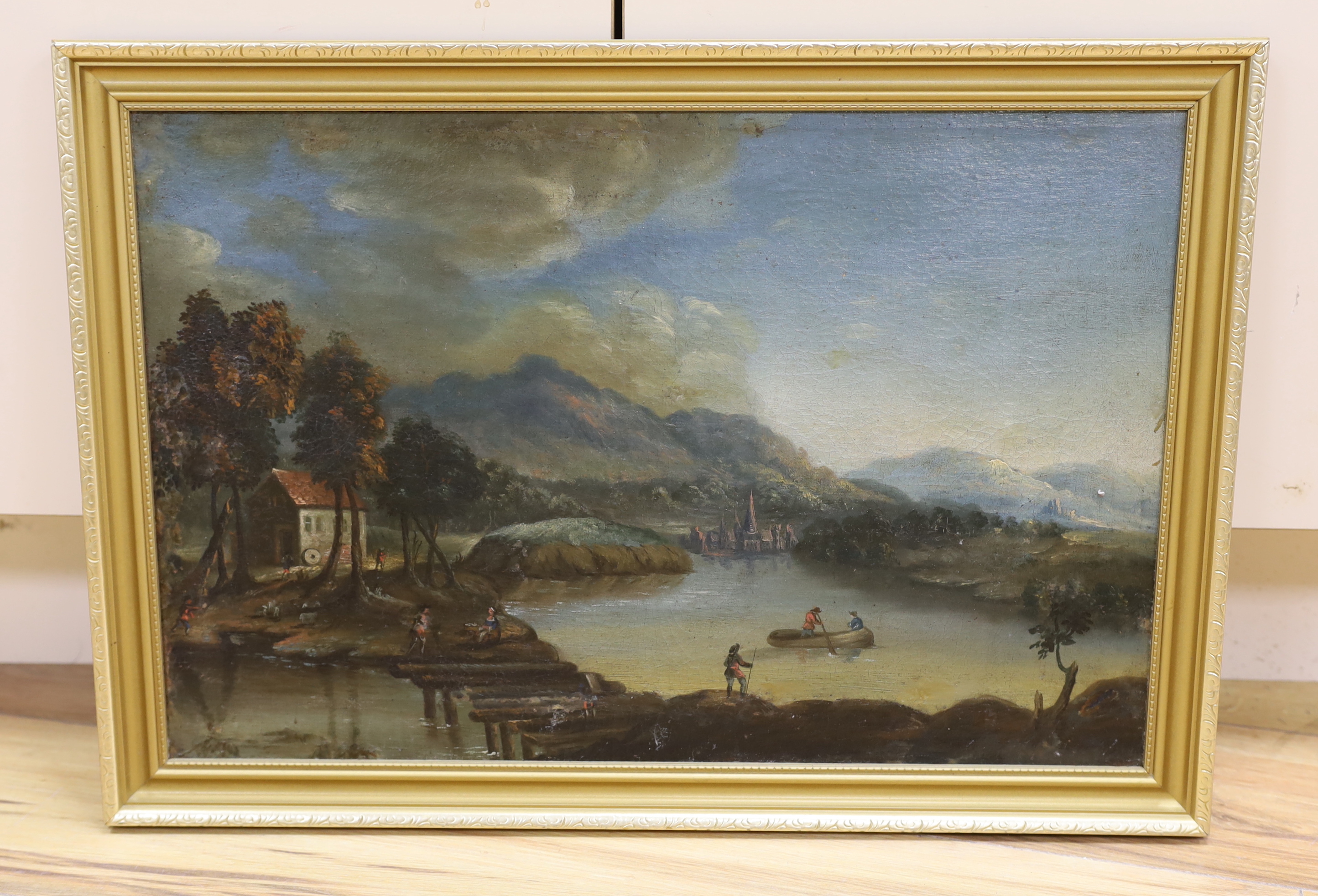 19th century School, oil on canvas, Continental river landscape with bridge and figures, 34 x 53cm - Image 2 of 3