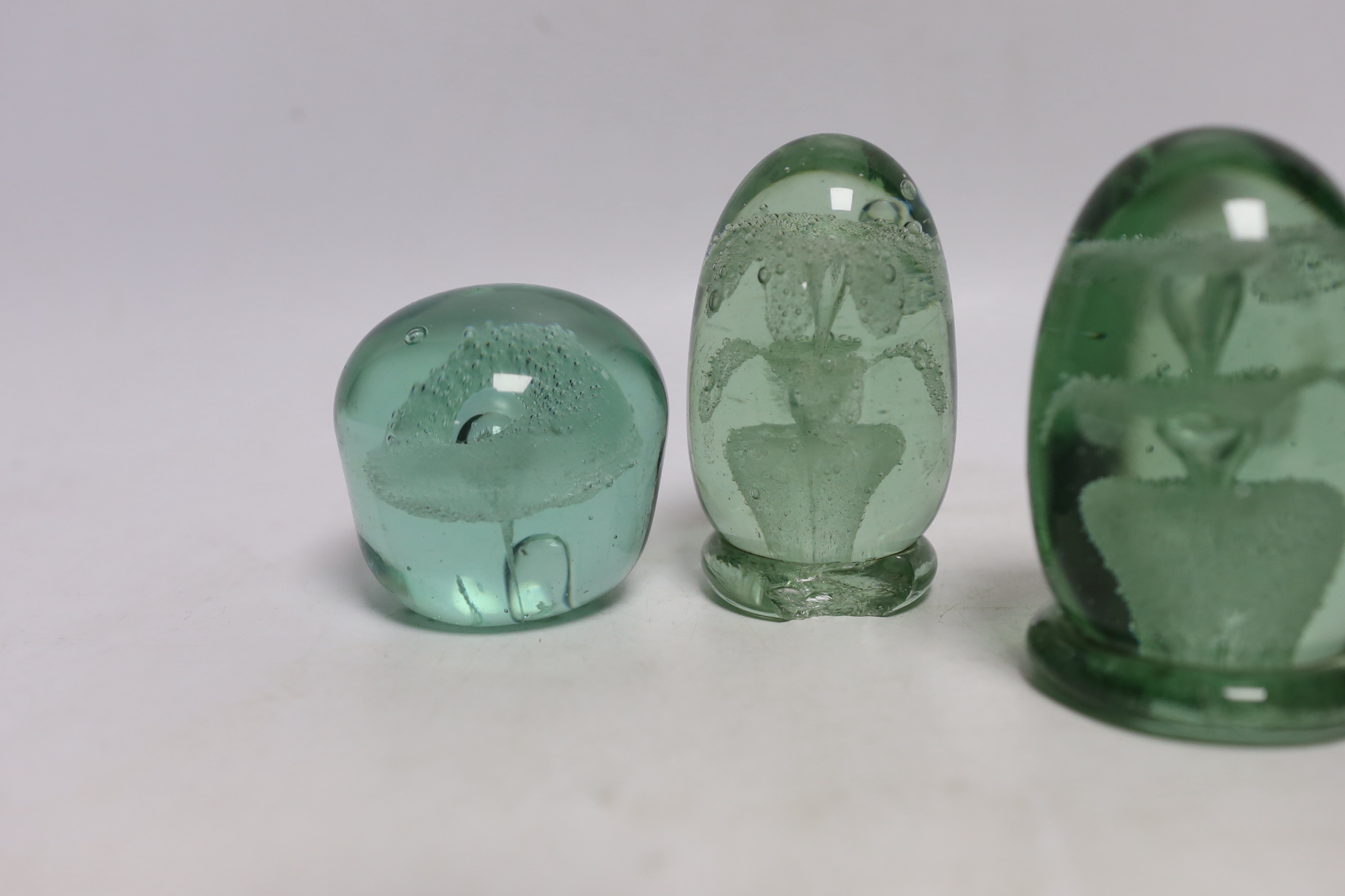 Five green glass dumps, including two with inset sulphides, tallest 9cm - Image 5 of 5