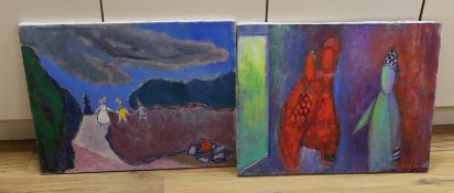 Akos Biro, (Hungarian, 1911-2002), pair of oils on canvas, Abstract figural scenes, each signed,