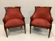 A pair of Empire style upholstered mahogany armchairs, width 65cm, depth 56cm, height 92cm
