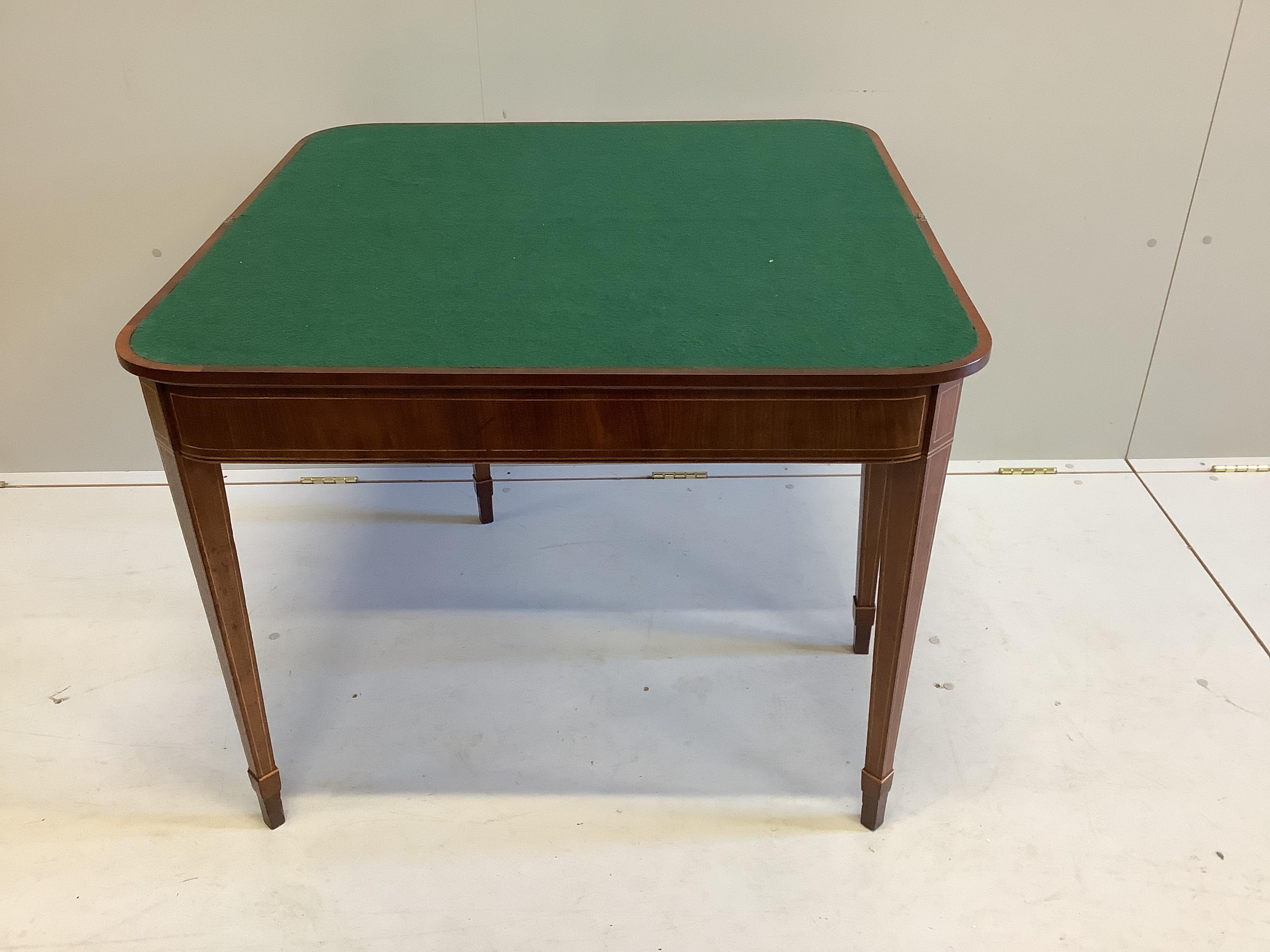 A George III satinwood banded mahogany folding card table, width 90cm, depth 45cm, height 71cm - Image 2 of 2