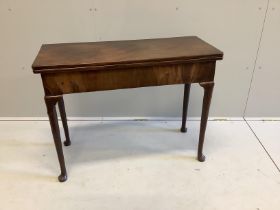 A George III rectangular mahogany folding tea table, width 97cm, depth 39cm, height 75cm