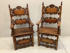 A pair of 18th century style carved inlaid walnut elbow chairs, width 57cm, depth 49cm, height