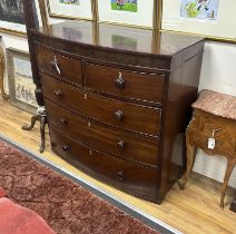 An early 19th century mahogany bowfront chest of drawers, with bone escutcheons, width 114cm,