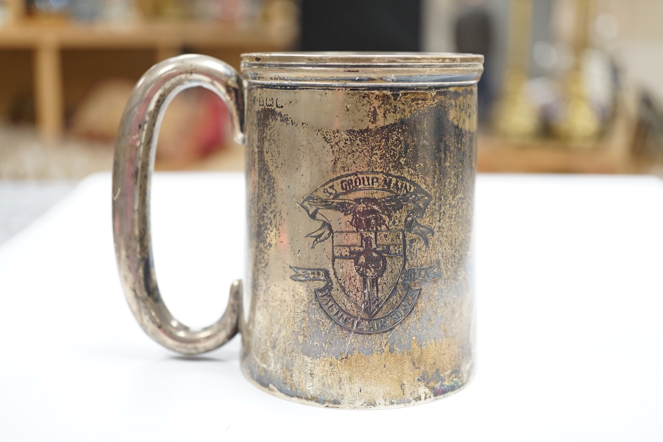 An RAF silver mug, and framed drawing of a map of Belgium and surrounding countries relating to 83rd - Image 8 of 10