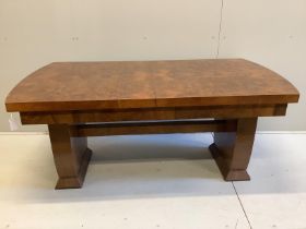 An Art Deco style walnut extending dining table, width 170cm, depth 92cm, height 73cm