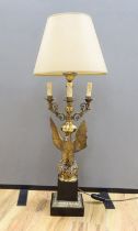 A gilt metal ‘eagle’ candelabrum, with shade, 93cm total