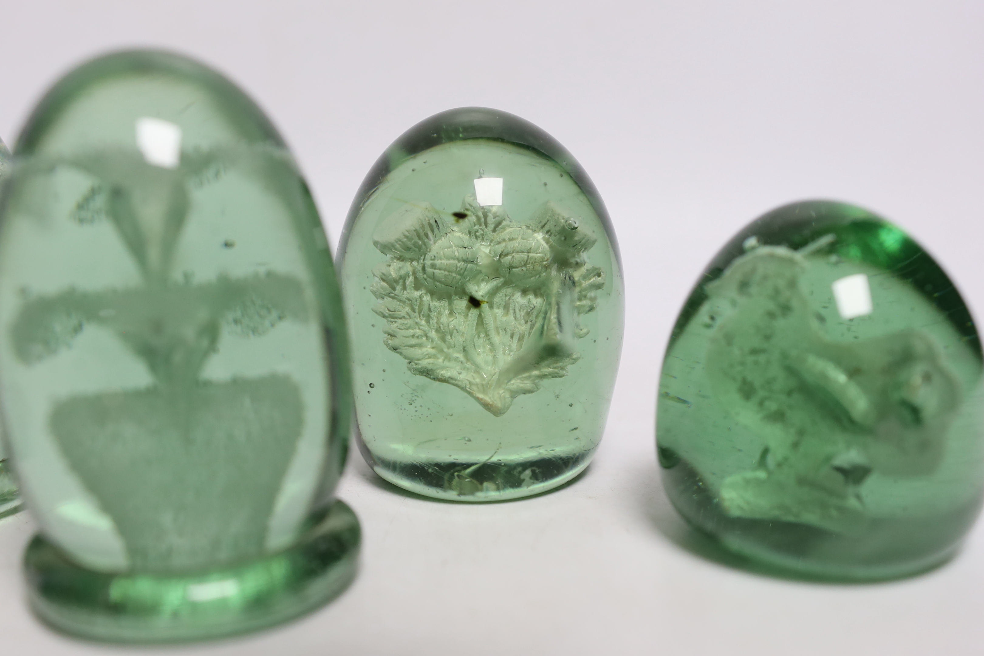 Five green glass dumps, including two with inset sulphides, tallest 9cm - Image 3 of 5