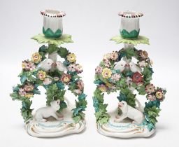 A pair of Samson porcelain chambersticks, in Derby style, with floral encrusted decoration, 19cm