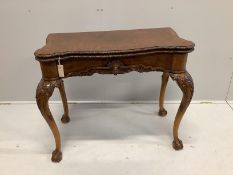 An early 20th century Chippendale Revival burr walnut folding card table, width 92cm, depth 48cm,