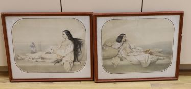 After Vidal, pair of French colour lithographs, Reclining semi-nude beauties, one blind stamped,