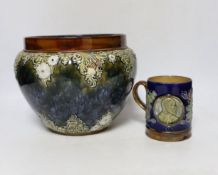 A Royal Doulton Lambeth Edward VII coronation mug and a Royal Doulton jardiniere, 18cm (2)